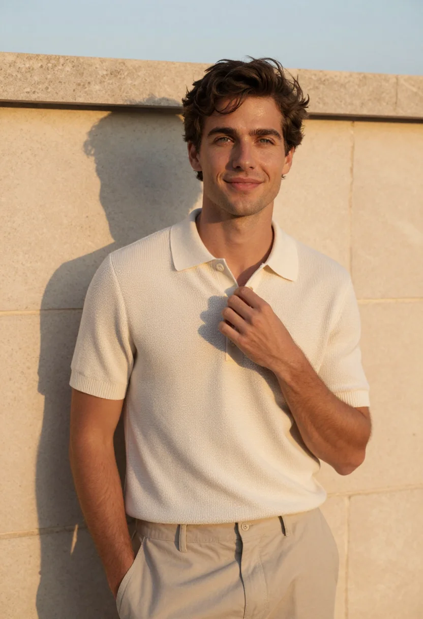 AI cream knit polo spring profile sample — portrait of a man, a French man with fair skin, grey-green e