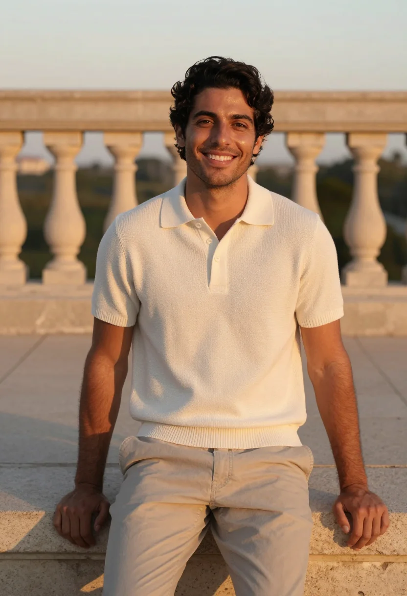AI cream knit polo spring profile sample — portrait of a man, a Portuguese man with golden tan skin, br