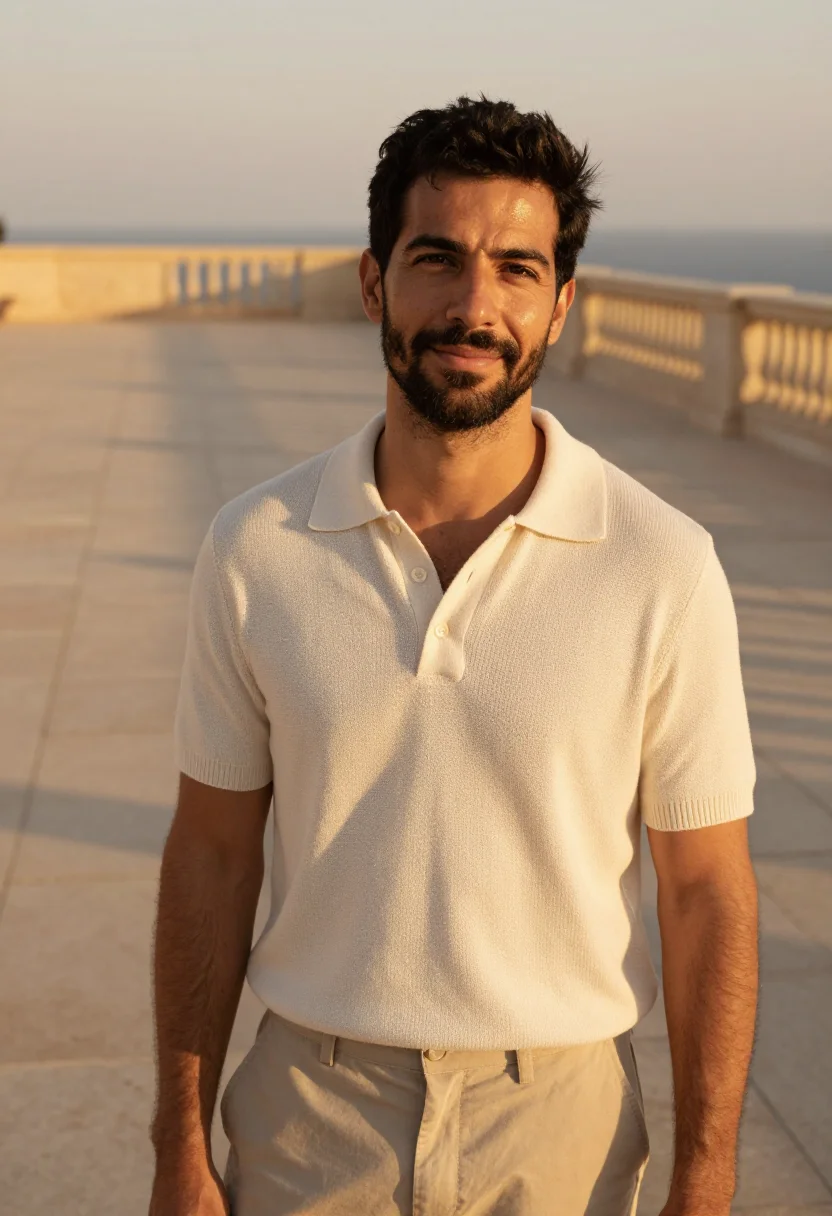 AI cream knit polo spring profile sample — portrait of a man, a Spanish man with golden olive skin, dar