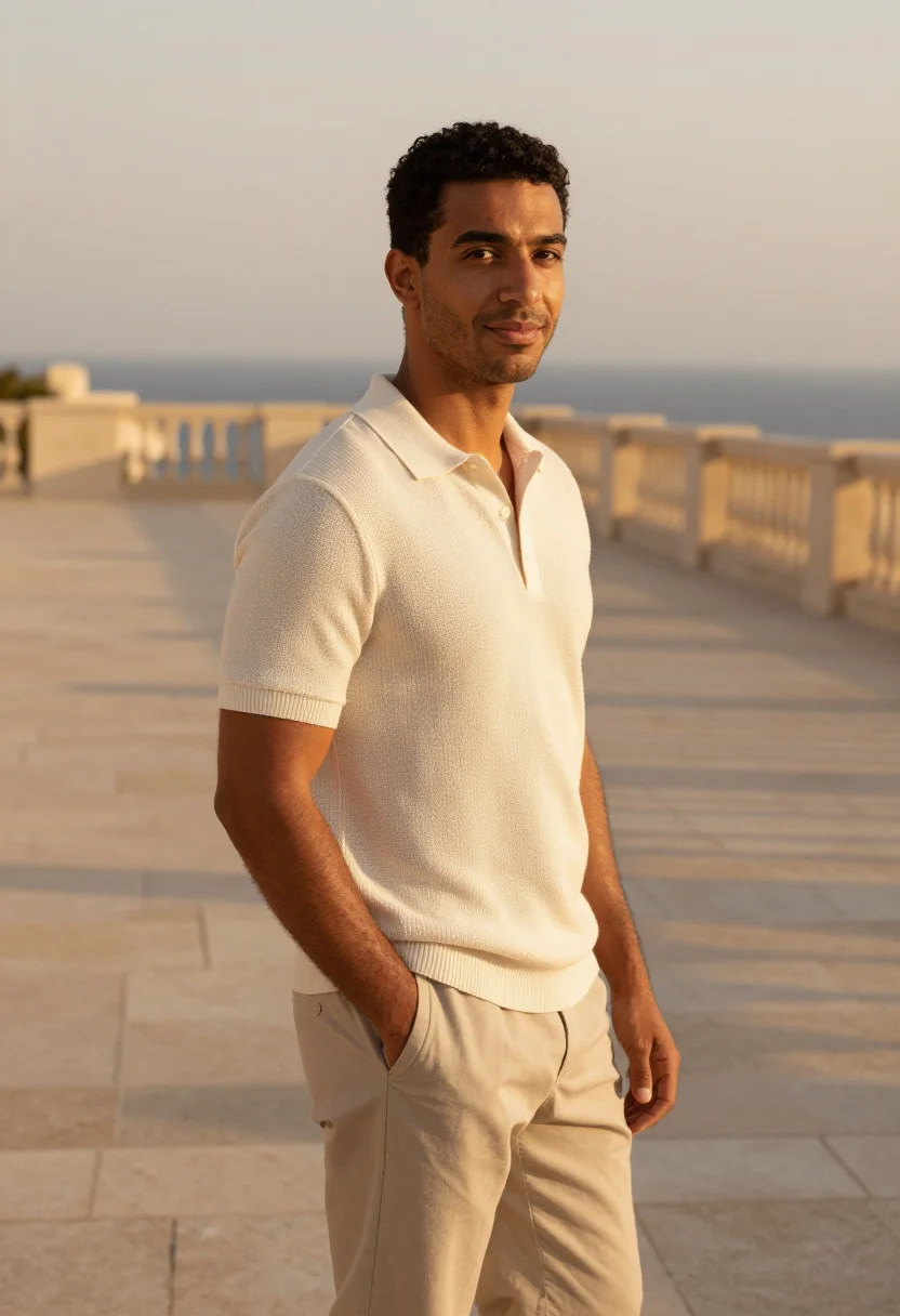 AI cream knit polo spring profile sample — portrait of a man, a Greek man with warm tan skin, dark eyes
