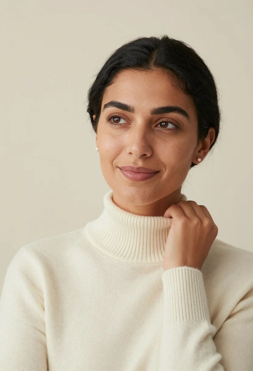 AI cream rollneck headshot sample — portrait of a woman, head-and-shoulders portrait of a Medite