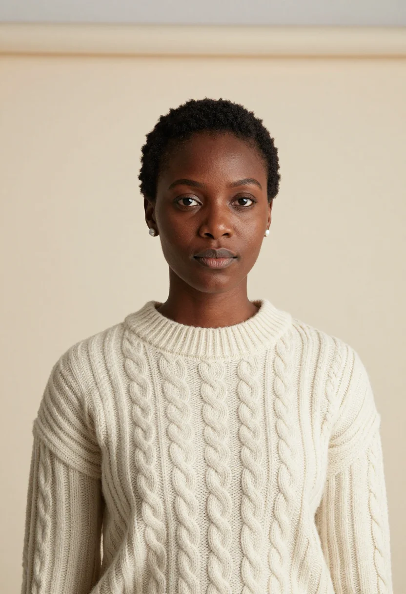 AI cream rollneck headshot sample — portrait of a woman, chest-up portrait of a Black woman of W
