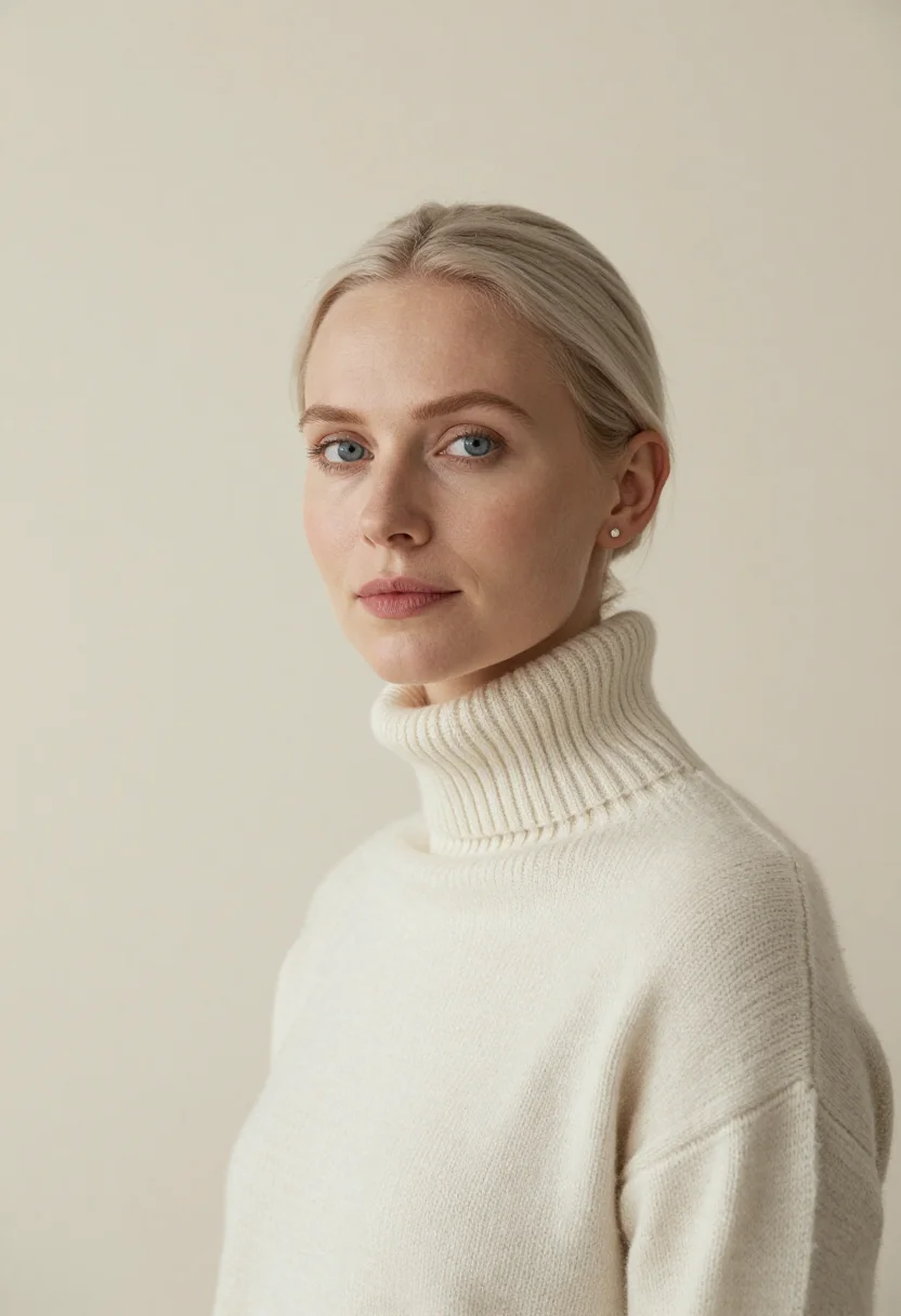 AI cream rollneck headshot sample — portrait of a woman, head-and-shoulders three-quarter portra