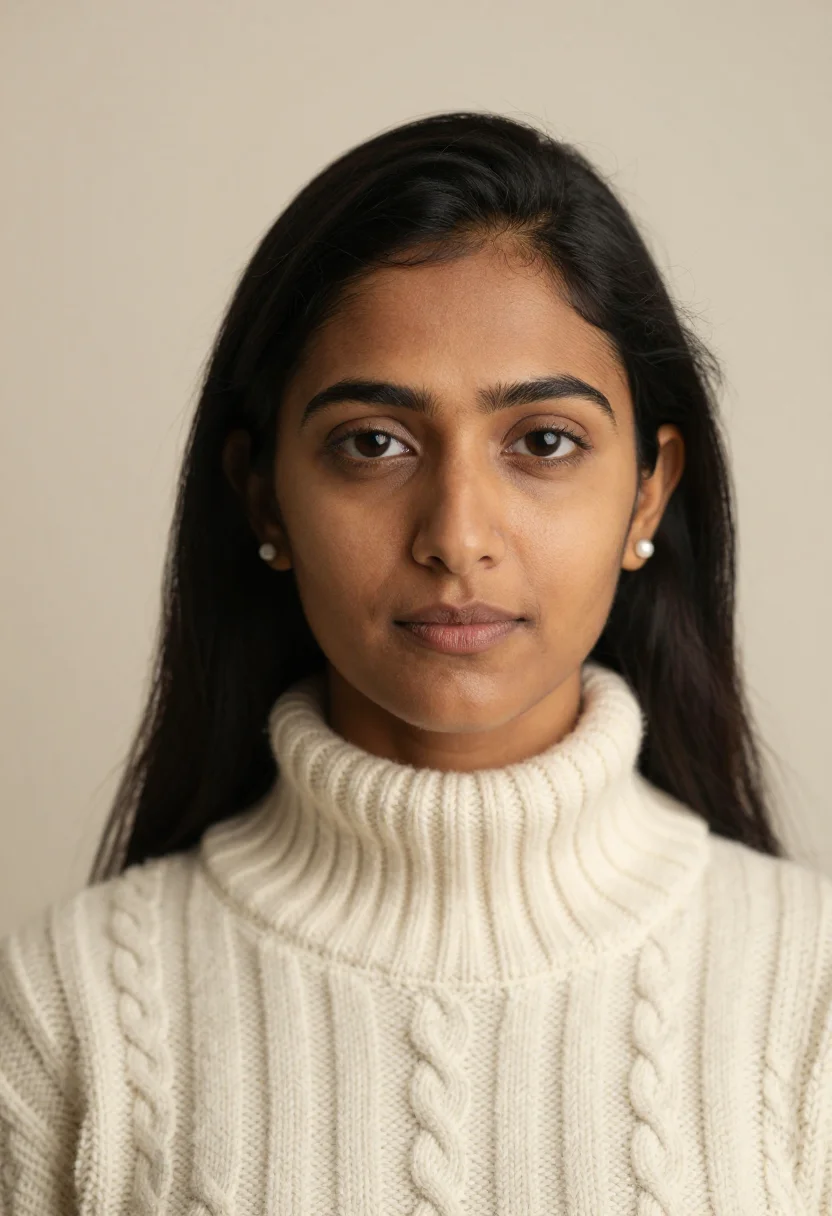 AI cream rollneck headshot sample — portrait of a woman, tight headshot of a South-Asian woman i