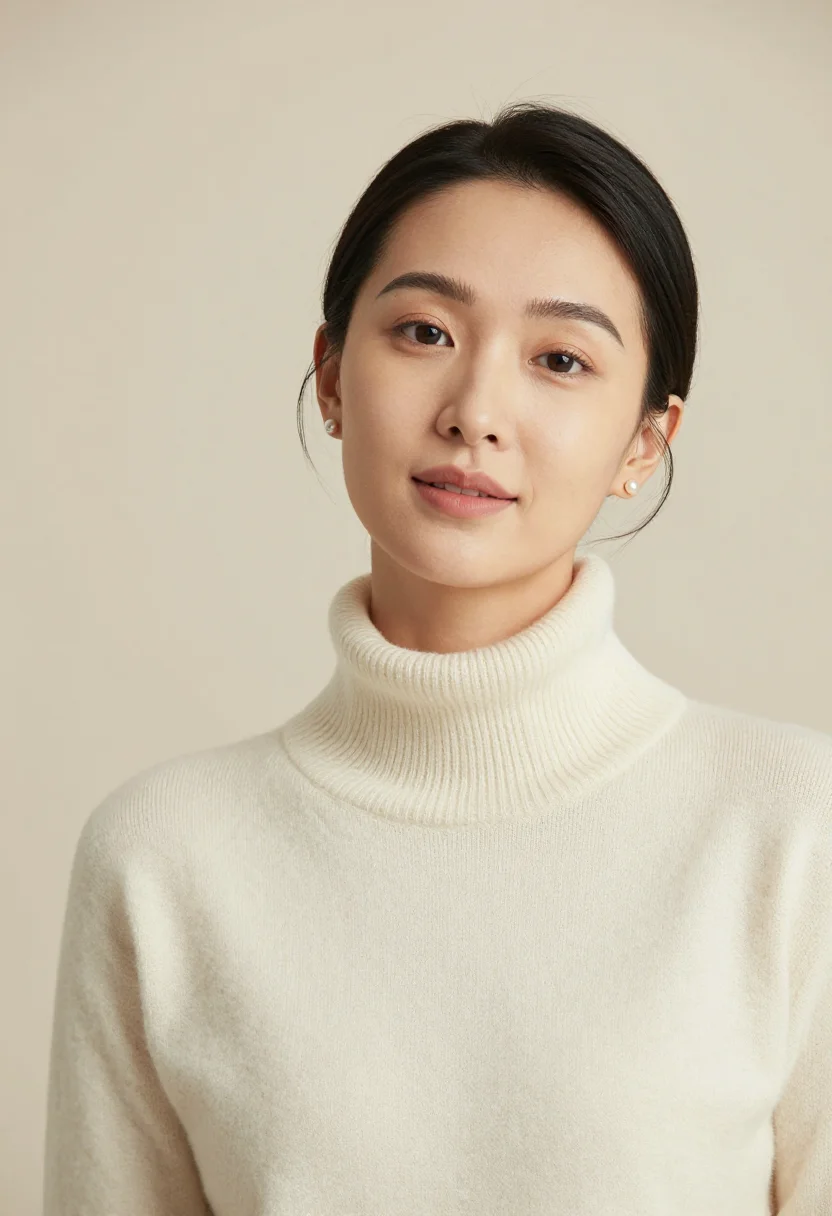 AI cream rollneck headshot sample — portrait of a woman, close headshot of an East-Asian woman i