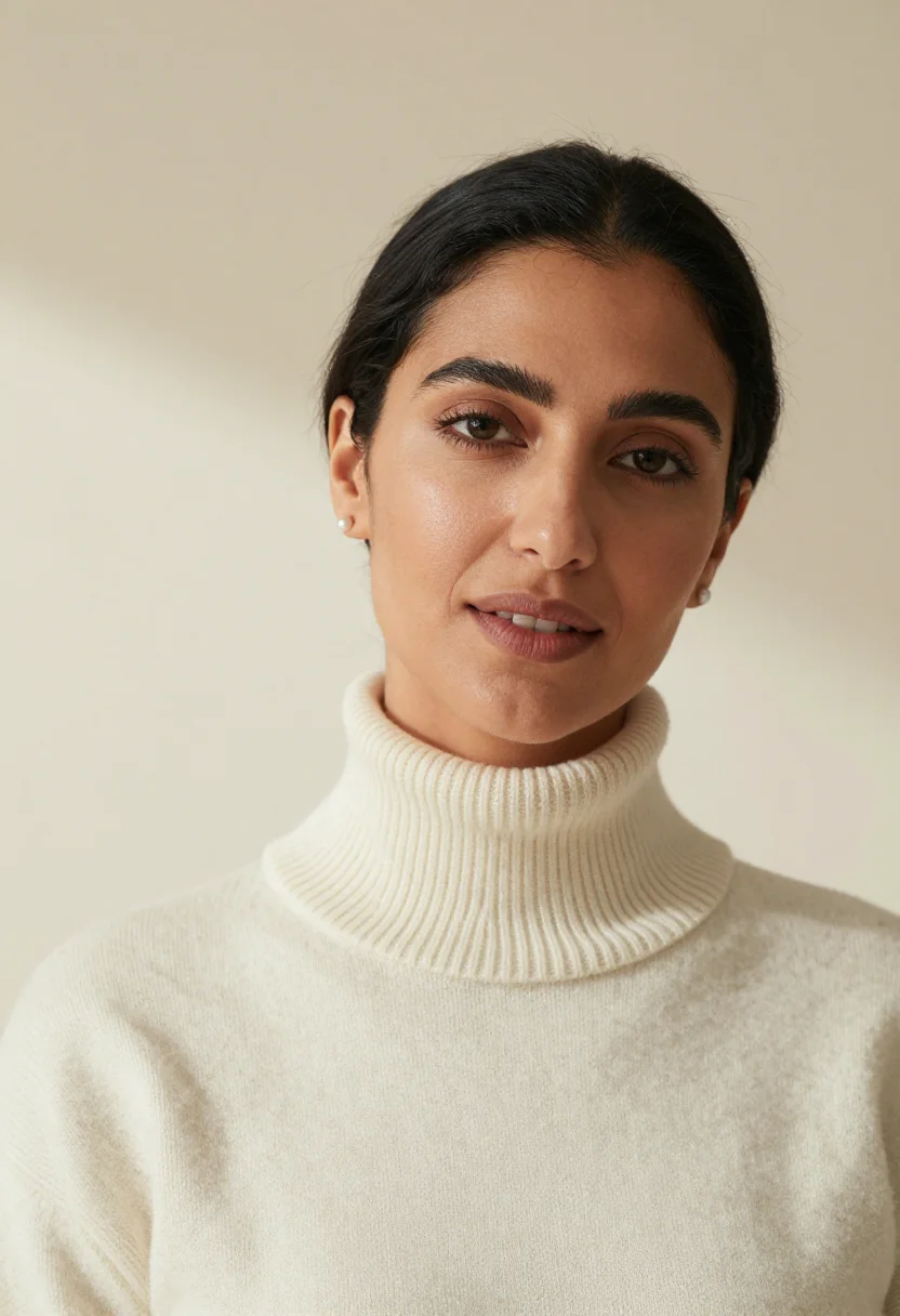 AI cream rollneck headshot sample — portrait of a woman, close headshot of a Middle-Eastern woma