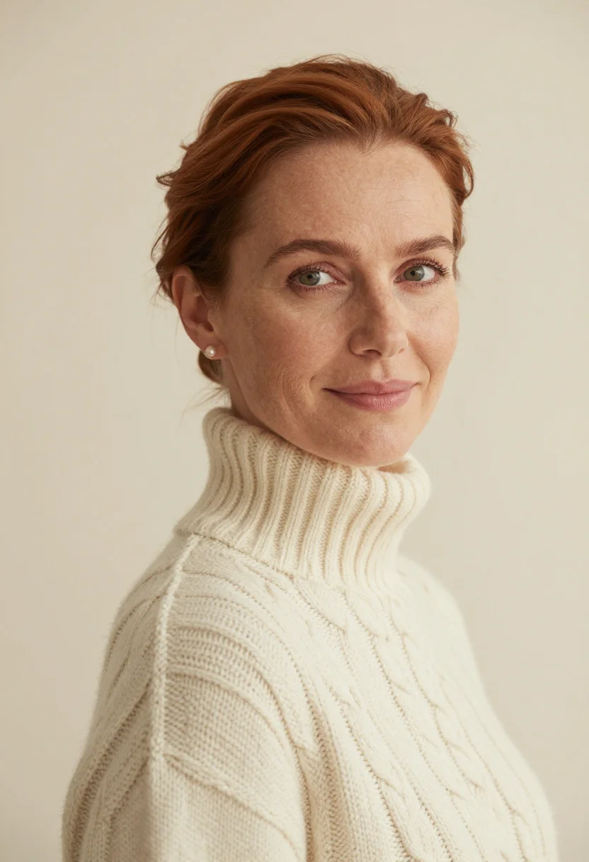 AI cream rollneck headshot sample — portrait of a woman, close headshot of a Western-European wo