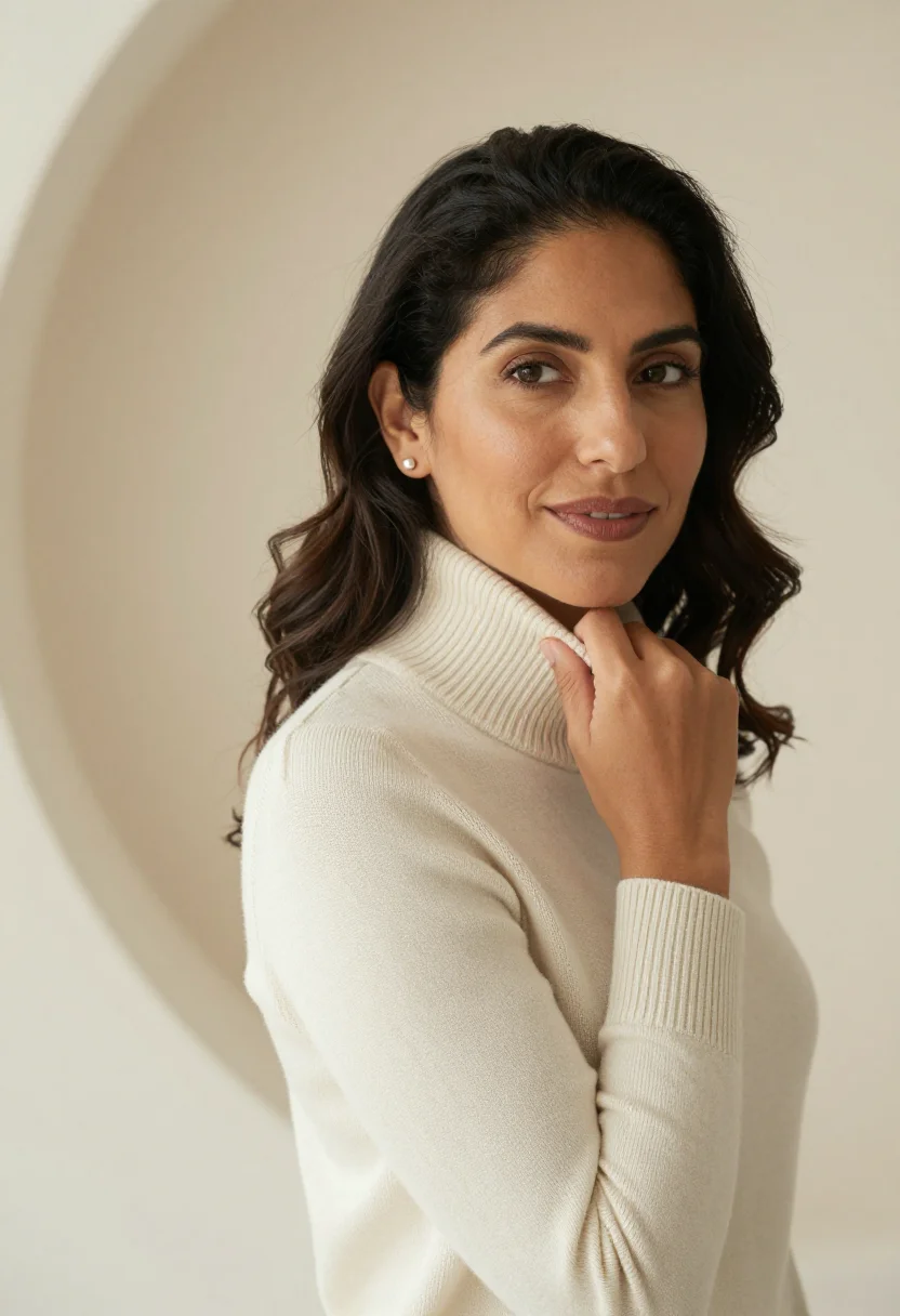 AI cream rollneck headshot sample — portrait of a woman, chest-up three-quarter portrait of a La