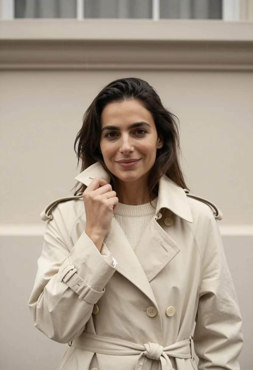 AI cream trench april rain headshot sample — portrait of a woman, framed chest-up, the frame cutting acro