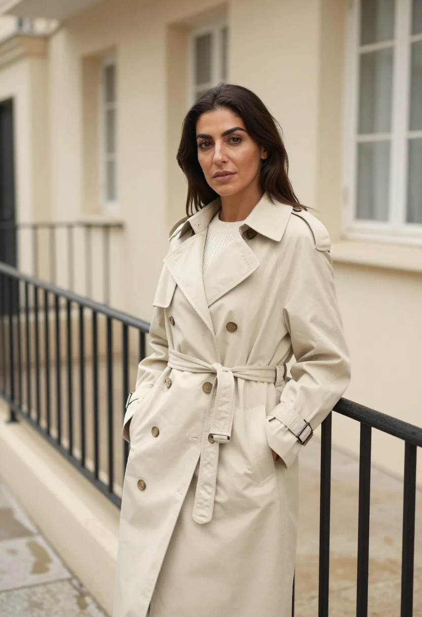 AI cream trench april rain headshot sample — portrait of a woman, framed half-length, head to waist, the