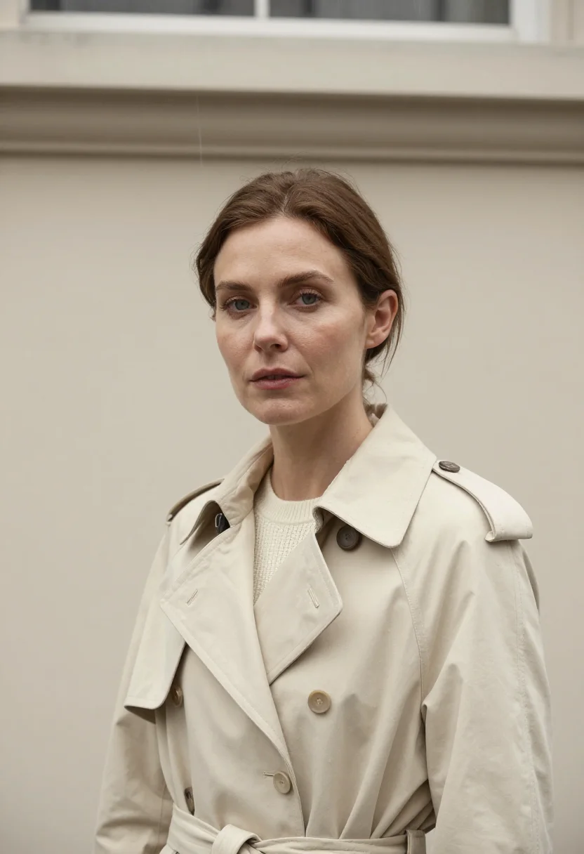 AI cream trench april rain headshot sample — portrait of a woman, framed tight, head and shoulders, the b