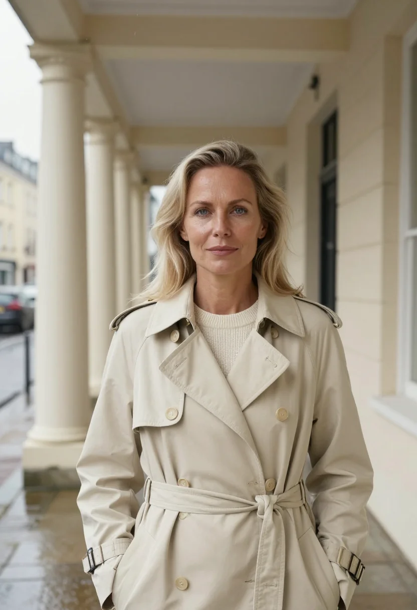 AI cream trench april rain headshot sample — portrait of a woman, framed chest-up, the frame cutting acro