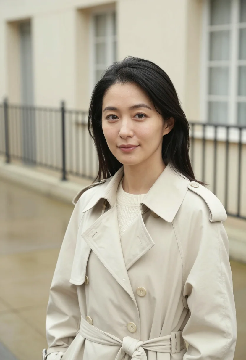 AI cream trench april rain headshot sample — portrait of a woman, framed tight, head and shoulders, the b