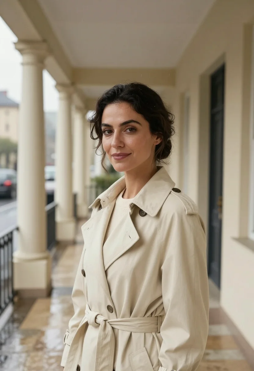 AI cream trench april rain headshot sample — portrait of a woman, framed chest-up with more of the porch