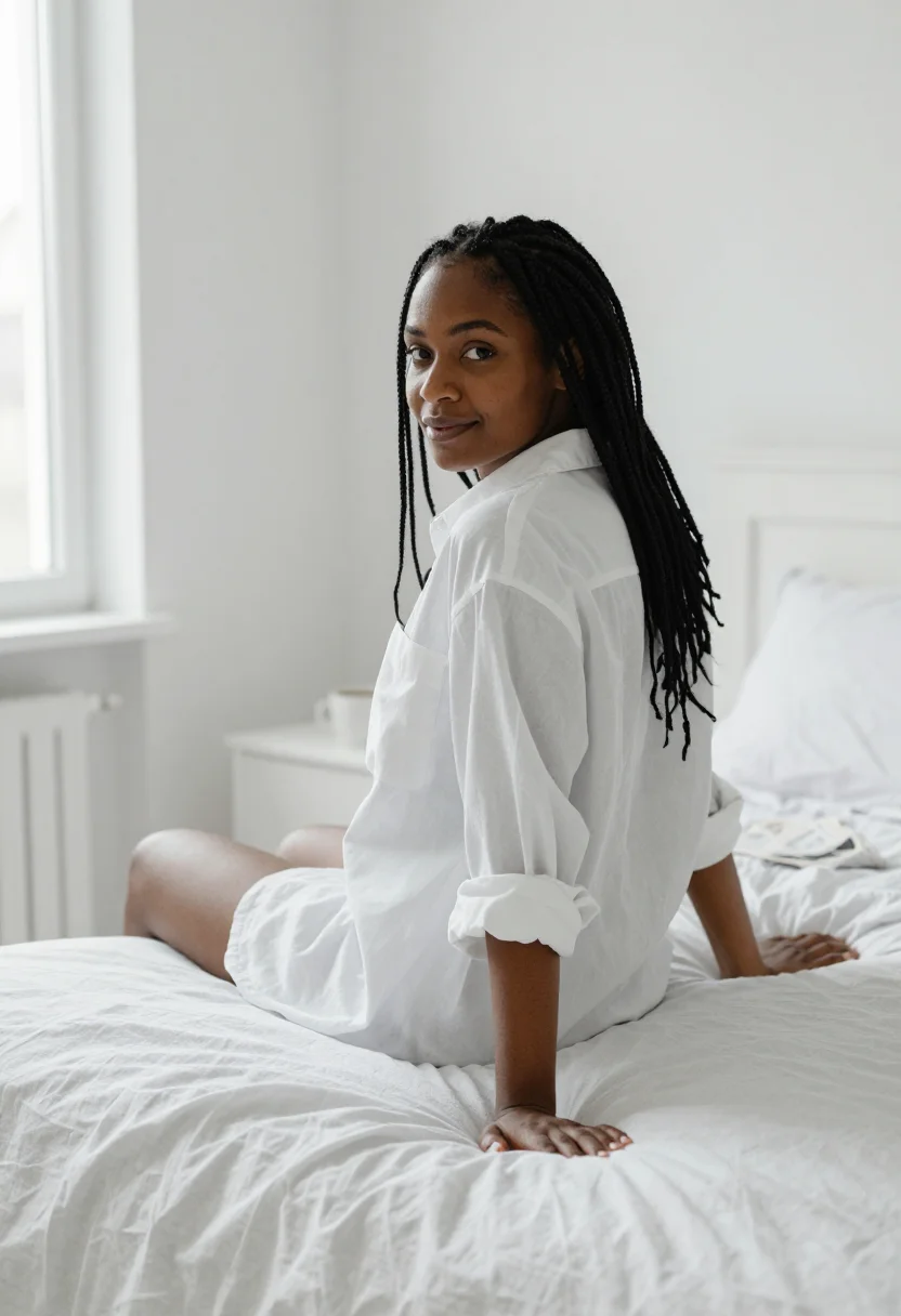 AI crossword bed linen white sample — portrait of a woman, framed half-length from the head to the