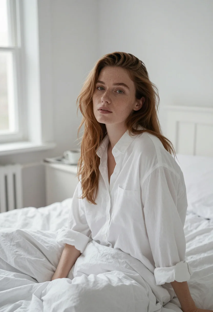 AI crossword bed linen white sample — portrait of a woman, framed tight, head and shoulders, the b