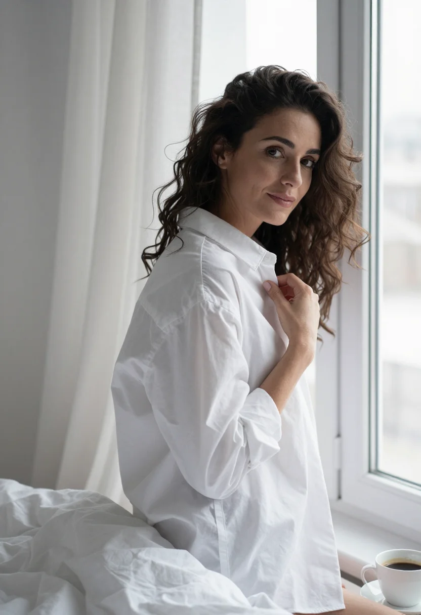 AI crossword bed linen white sample — portrait of a woman, framed chest-up, cropped at the ribs, t