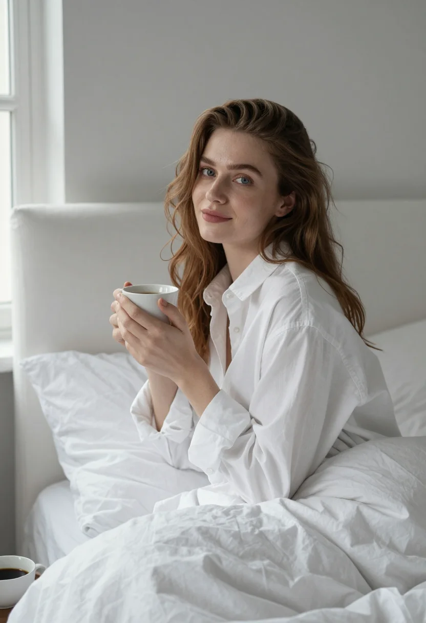 AI crossword bed linen white sample — portrait of a woman, framed chest-up, cropped at the ribs, t