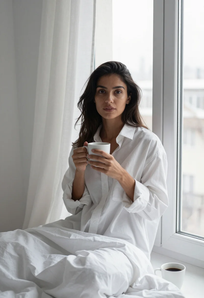 AI crossword bed linen white sample — portrait of a woman, framed half-length from the head to the