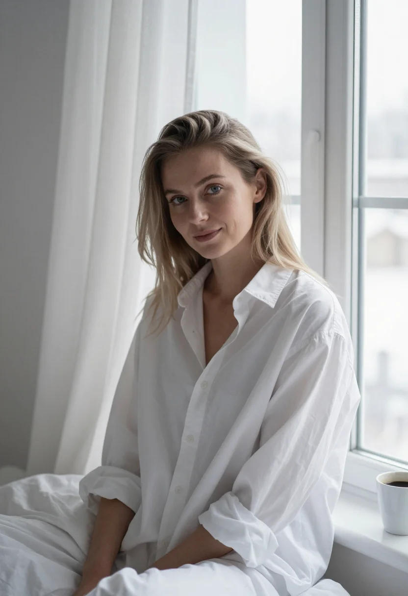 AI crossword bed linen white sample — portrait of a woman, framed tight, head and shoulders, the b