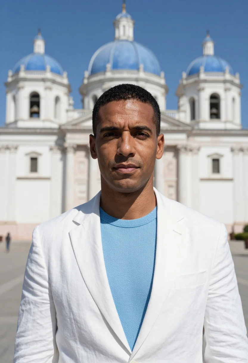 AI cuenca ecuador hotelier blue dome colonial sample — portrait of a man, a hotelier in his mid-forties with deep b