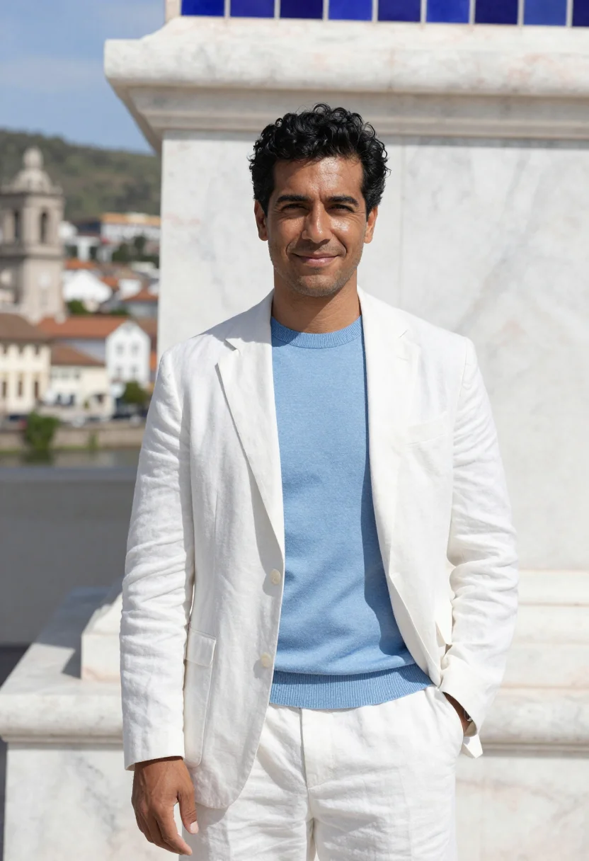 AI cuenca ecuador hotelier blue dome colonial sample — portrait of a man, a hotelier in his late thirties with warm