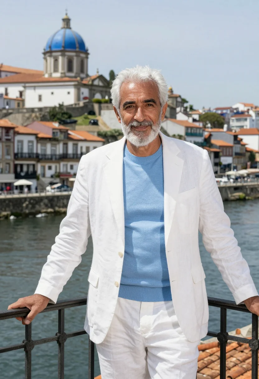 AI cuenca ecuador hotelier blue dome colonial sample — portrait of a man, a hotelier in his late sixties with warm