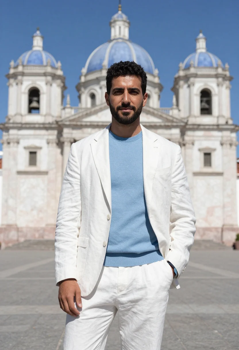 AI cuenca ecuador hotelier blue dome colonial sample — portrait of a man, a hotelier in his late thirties with oliv
