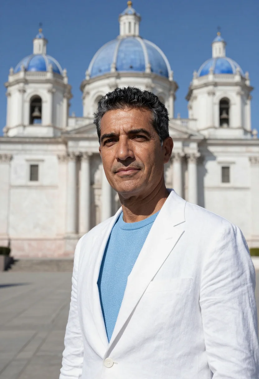 AI cuenca ecuador hotelier blue dome colonial sample — portrait of a man, a hotelier in his early fifties with warm