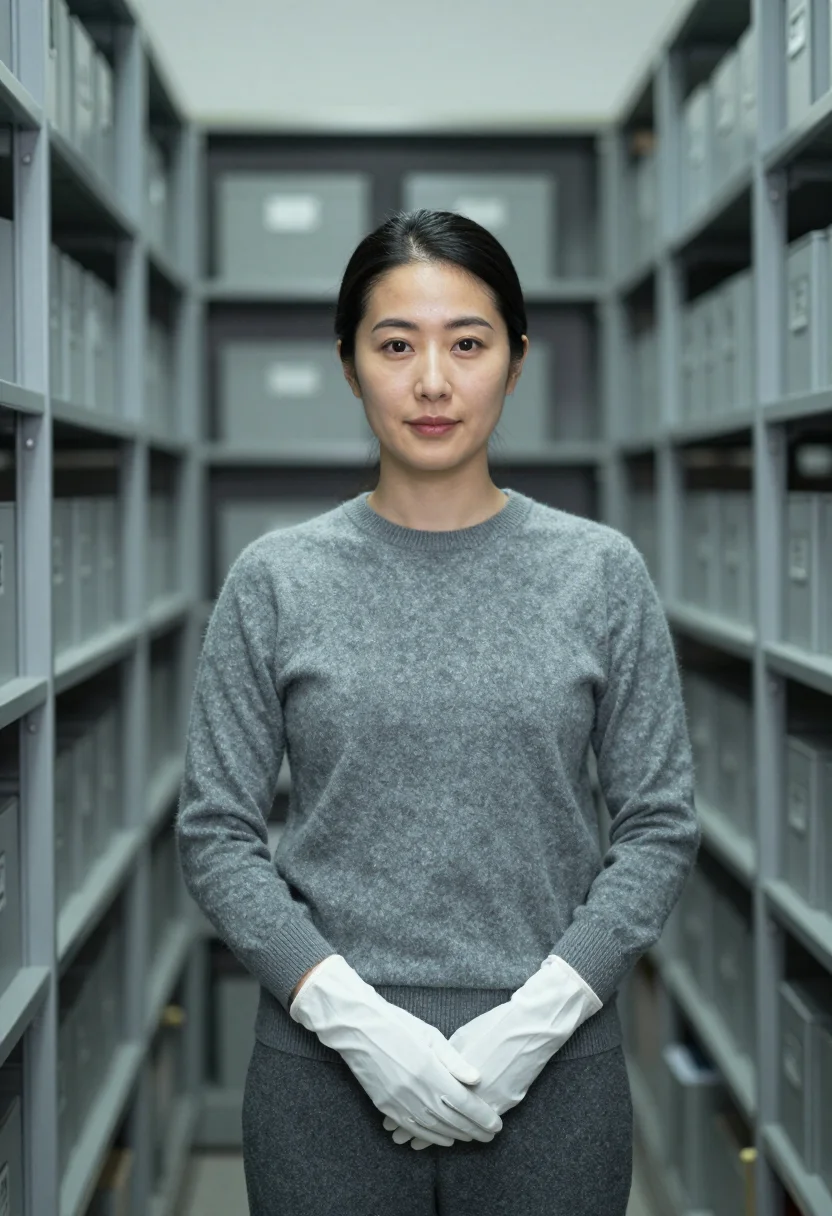 AI curator white gloves grey sample — portrait of a woman, framed half-length from the head to the