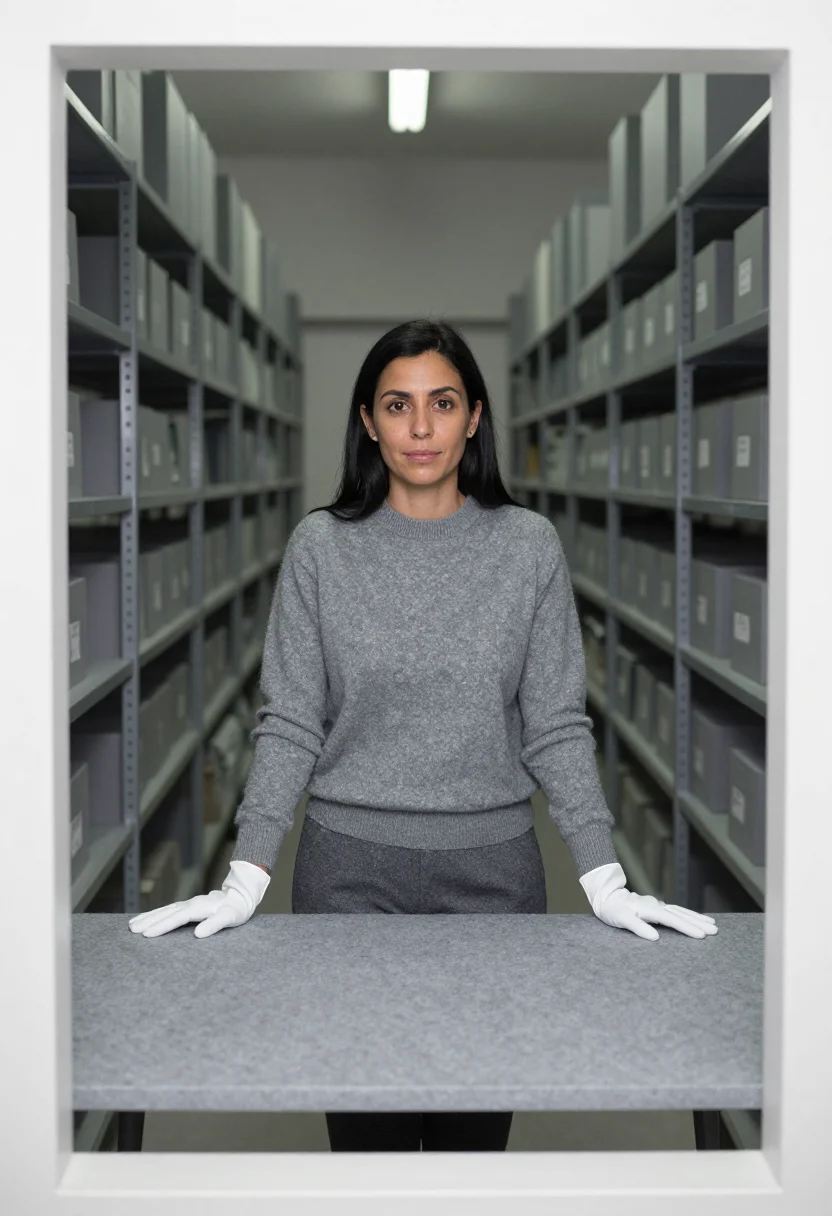 AI curator white gloves grey sample — portrait of a woman, framed wide from the storeroom door, th