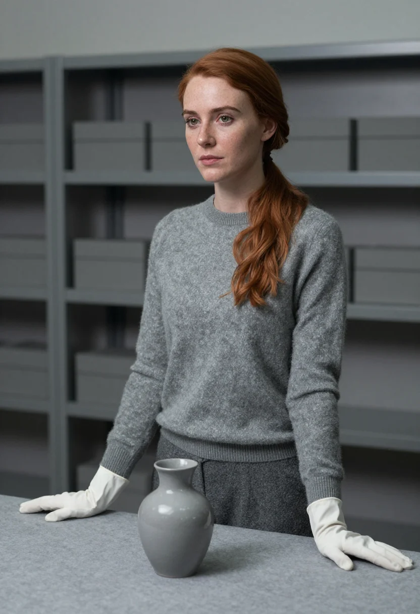 AI curator white gloves grey sample — portrait of a woman, framed half-length from the head to the