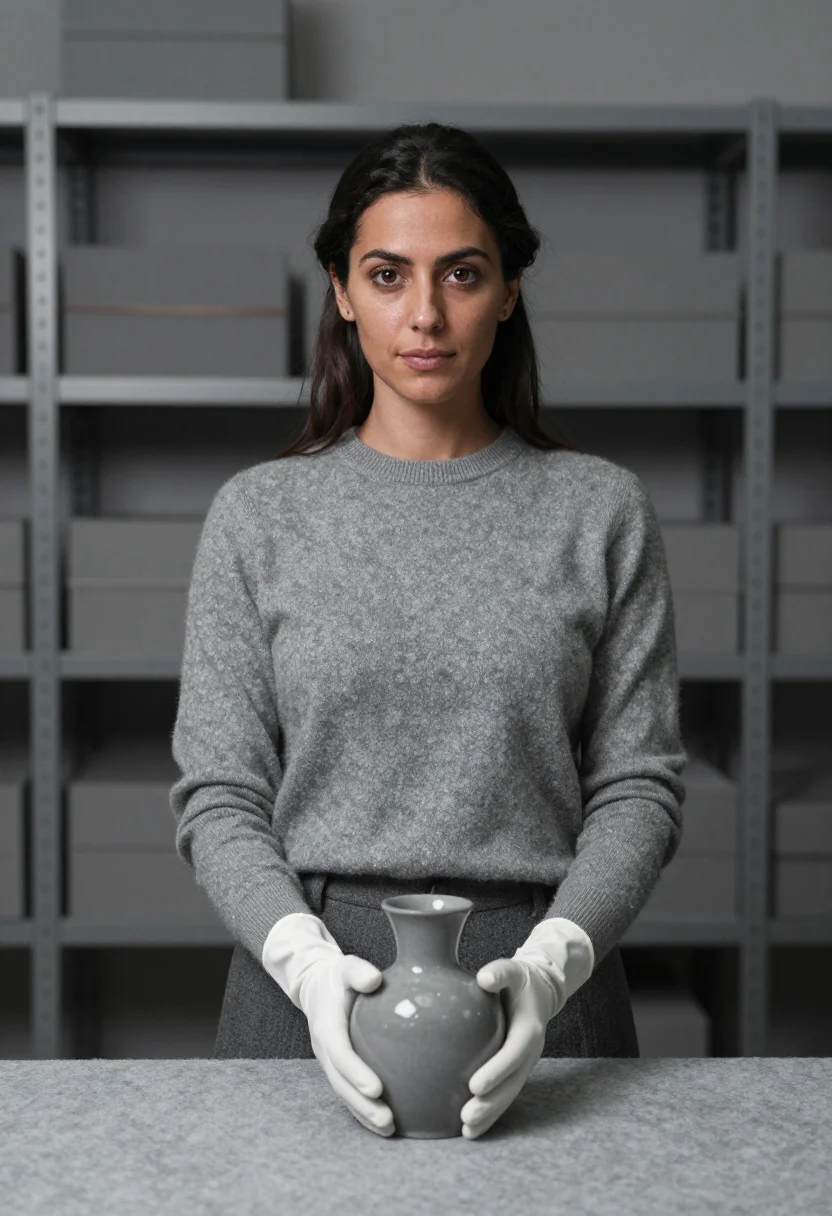 AI curator white gloves grey sample — portrait of a woman, framed chest-up, cropped at the ribs, t