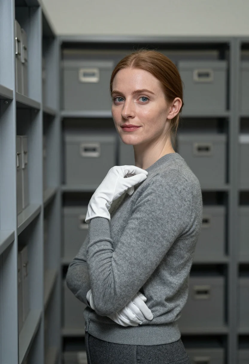 AI curator white gloves grey sample — portrait of a woman, framed chest-up, cropped at the ribs, t