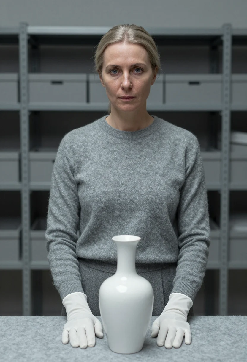 AI curator white gloves grey sample — portrait of a woman, framed tight, head and shoulders, the b