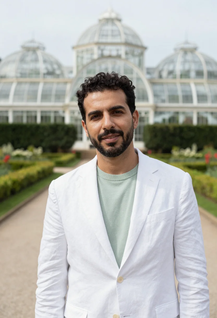AI curitiba urban planner glass greenhouse sample — portrait of a man, a Brazilian urban planner of Lebanese des