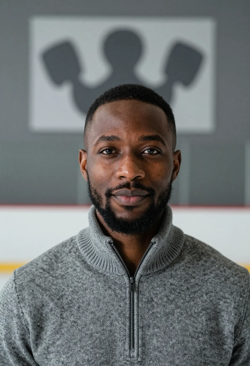 AI curling stone granite sample — portrait of a man, tight headshot of a Nigerian-British man