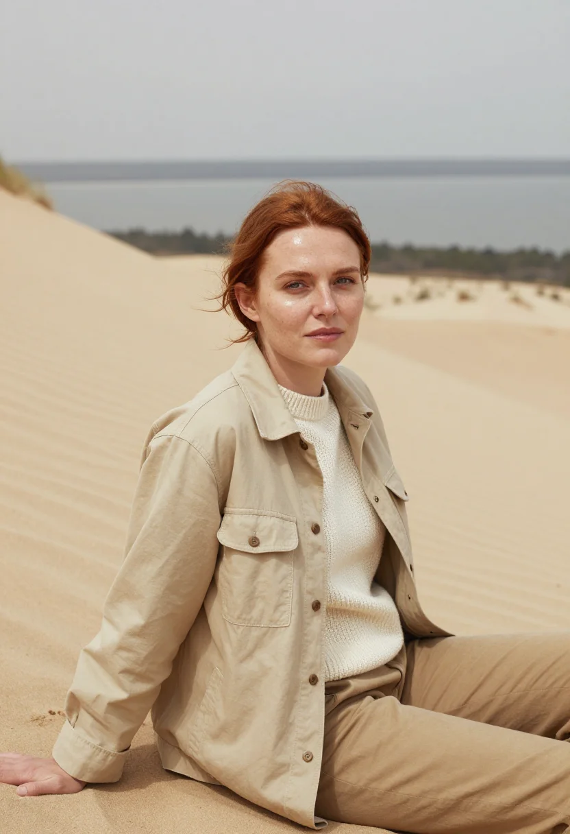 AI curonian spit ornithologist sand dune sample — portrait of an ornithologist, a woman of German descent in h