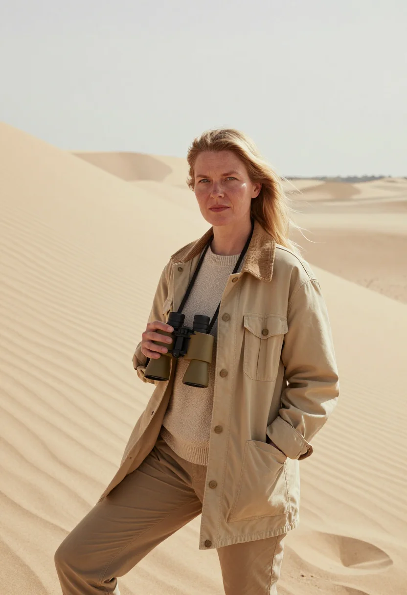 AI curonian spit ornithologist sand dune sample — portrait of an ornithologist, a woman of Lithuanian descent