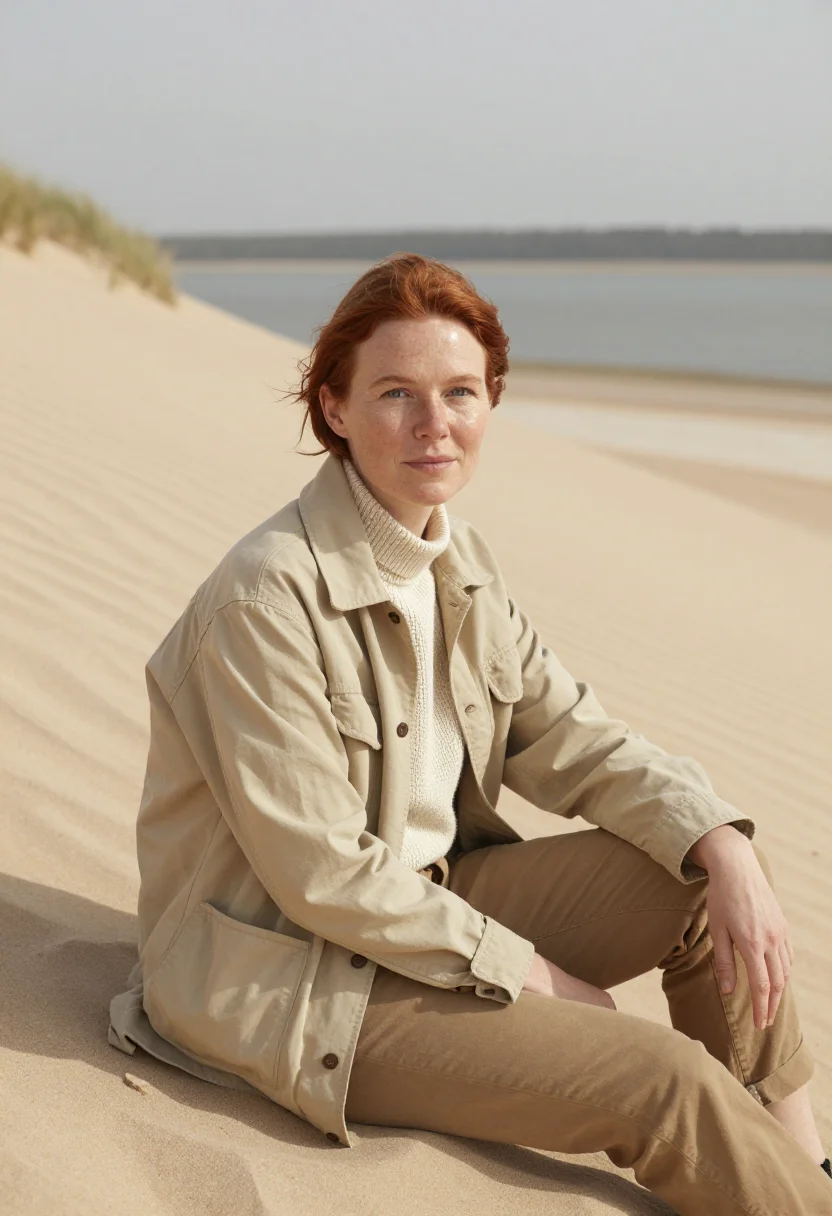AI curonian spit ornithologist sand dune sample — portrait of an ornithologist, a woman of German descent in h
