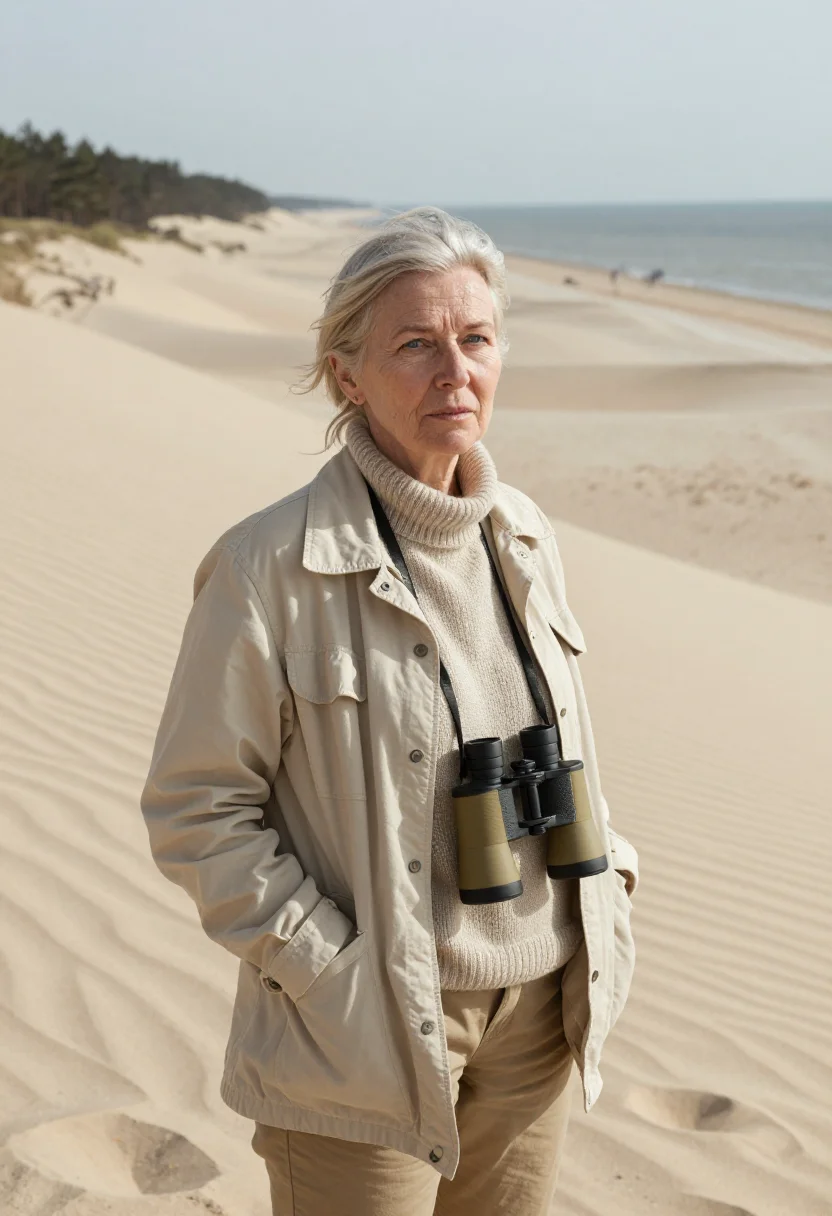 AI curonian spit ornithologist sand dune sample — portrait of an ornithologist, a woman of Latvian descent in