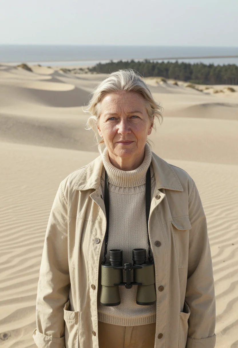AI curonian spit ornithologist sand dune sample — portrait of an ornithologist, a woman of Latvian descent in