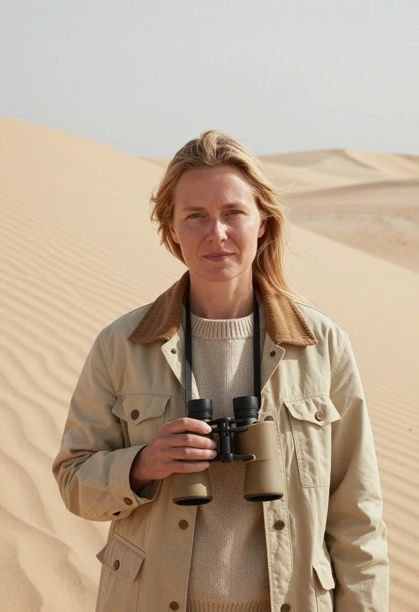 AI curonian spit ornithologist sand dune sample — portrait of an ornithologist, a woman of Lithuanian descent