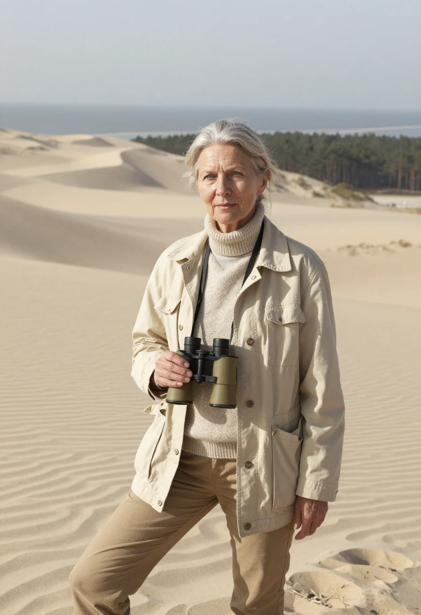 AI curonian spit ornithologist sand dune sample — portrait of an ornithologist, a woman of Latvian descent in
