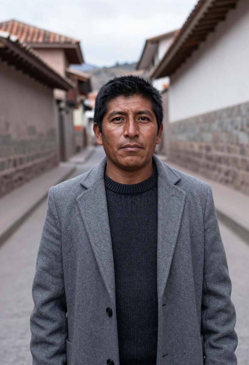 AI cusco conservator inca stone grey sample — portrait of a man, a Quechua conservator in his late thirtie