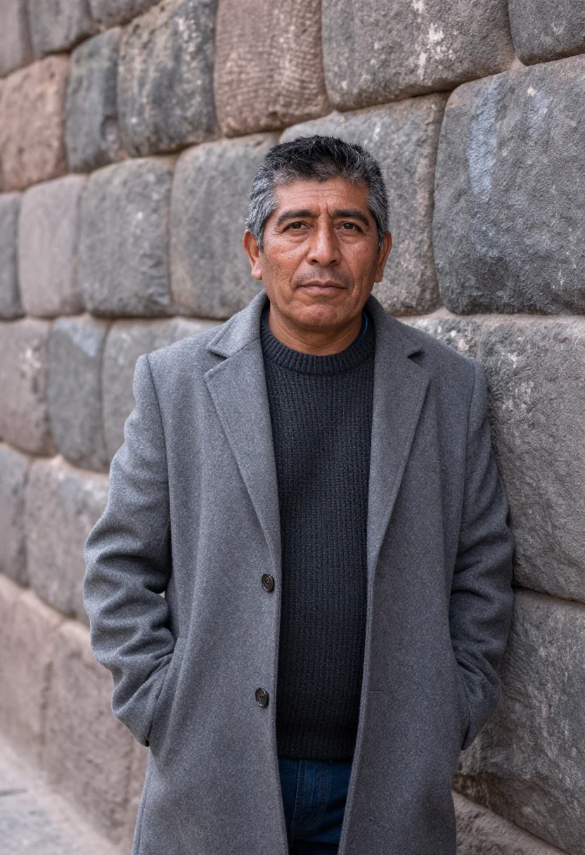 AI cusco conservator inca stone grey sample — portrait of a man, a Quechua conservator in his mid-fifties