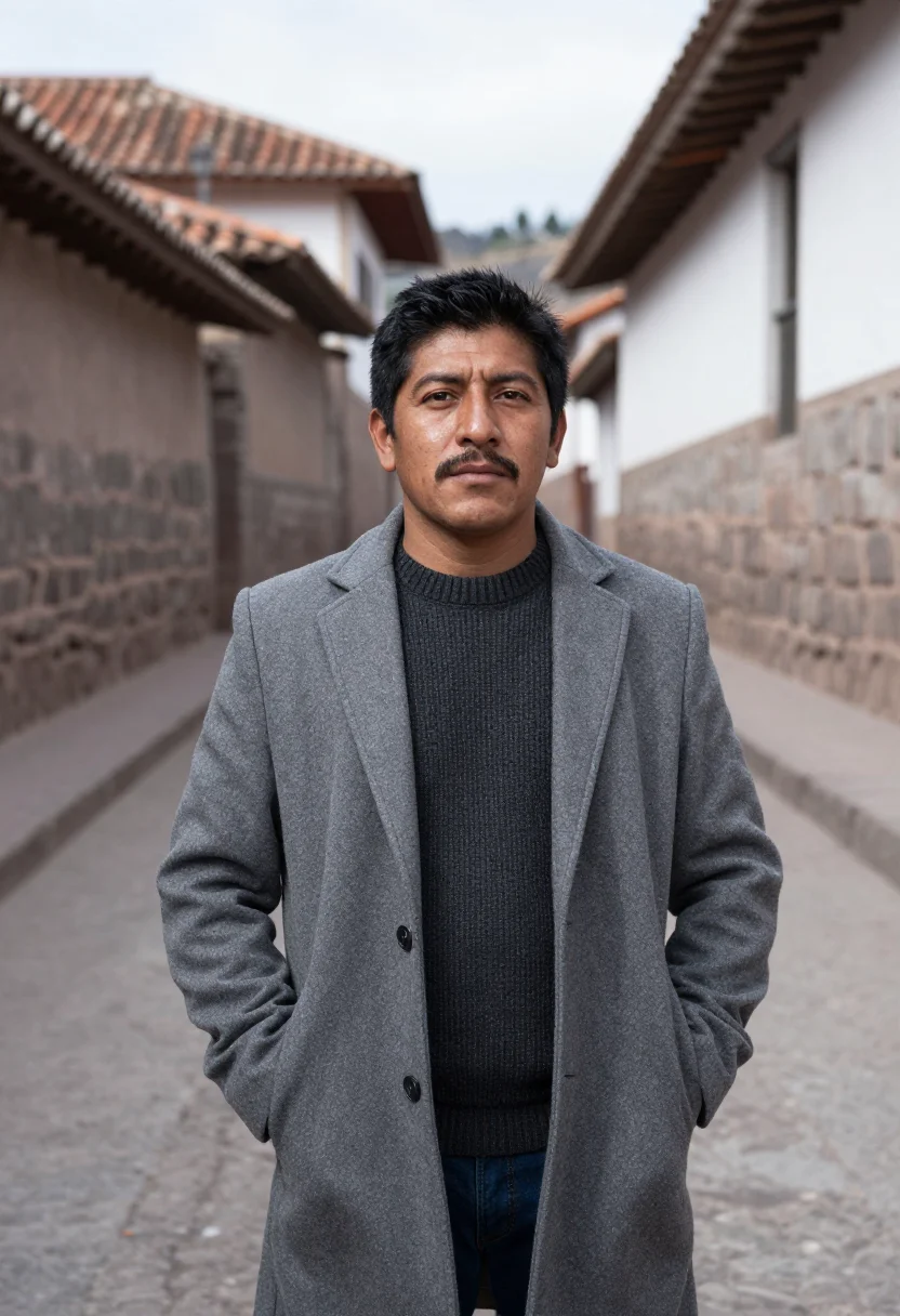 AI cusco conservator inca stone grey sample — portrait of a man, a Peruvian conservator in his mid-forties