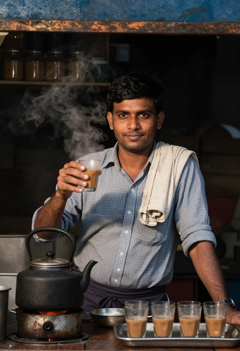 AI cutting chai sample — portrait of a man, chest-up portrait of an Indian man in his