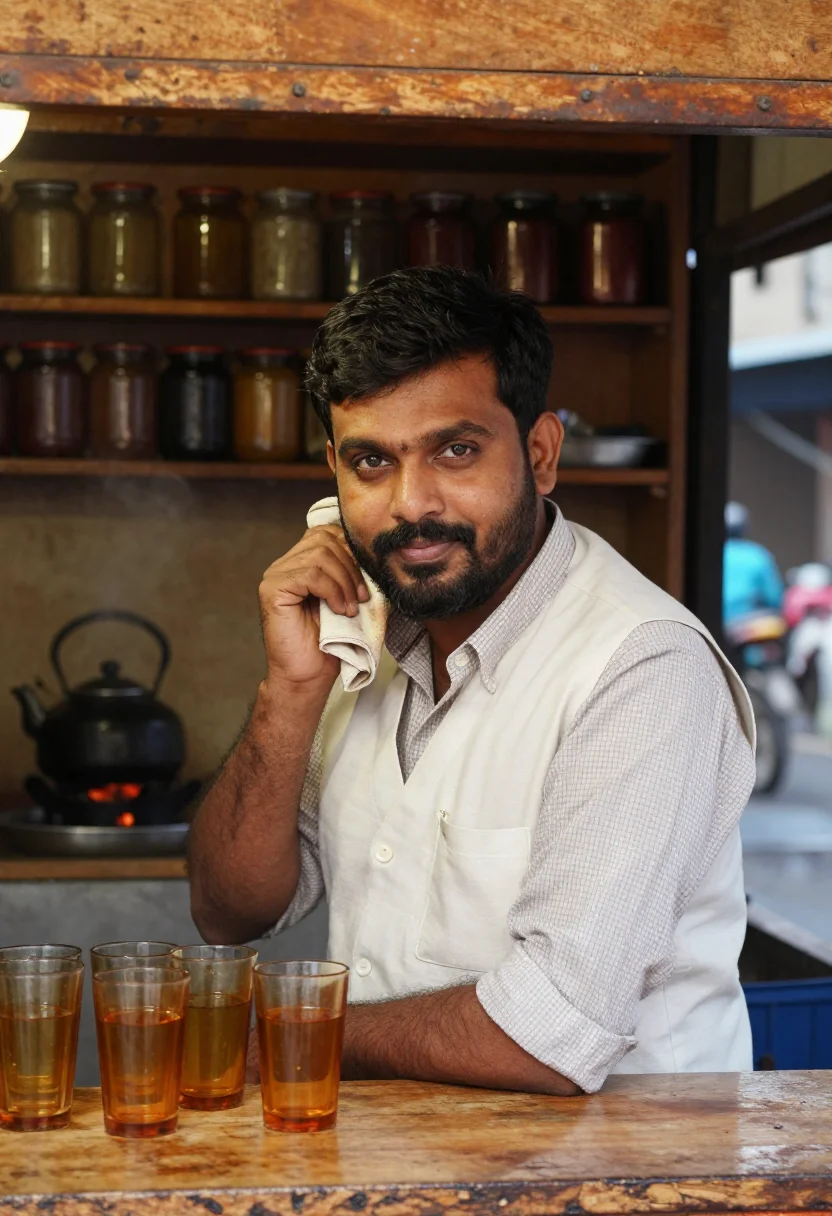 AI cutting chai sample — portrait of a man, chest-up portrait of an Indian man in his