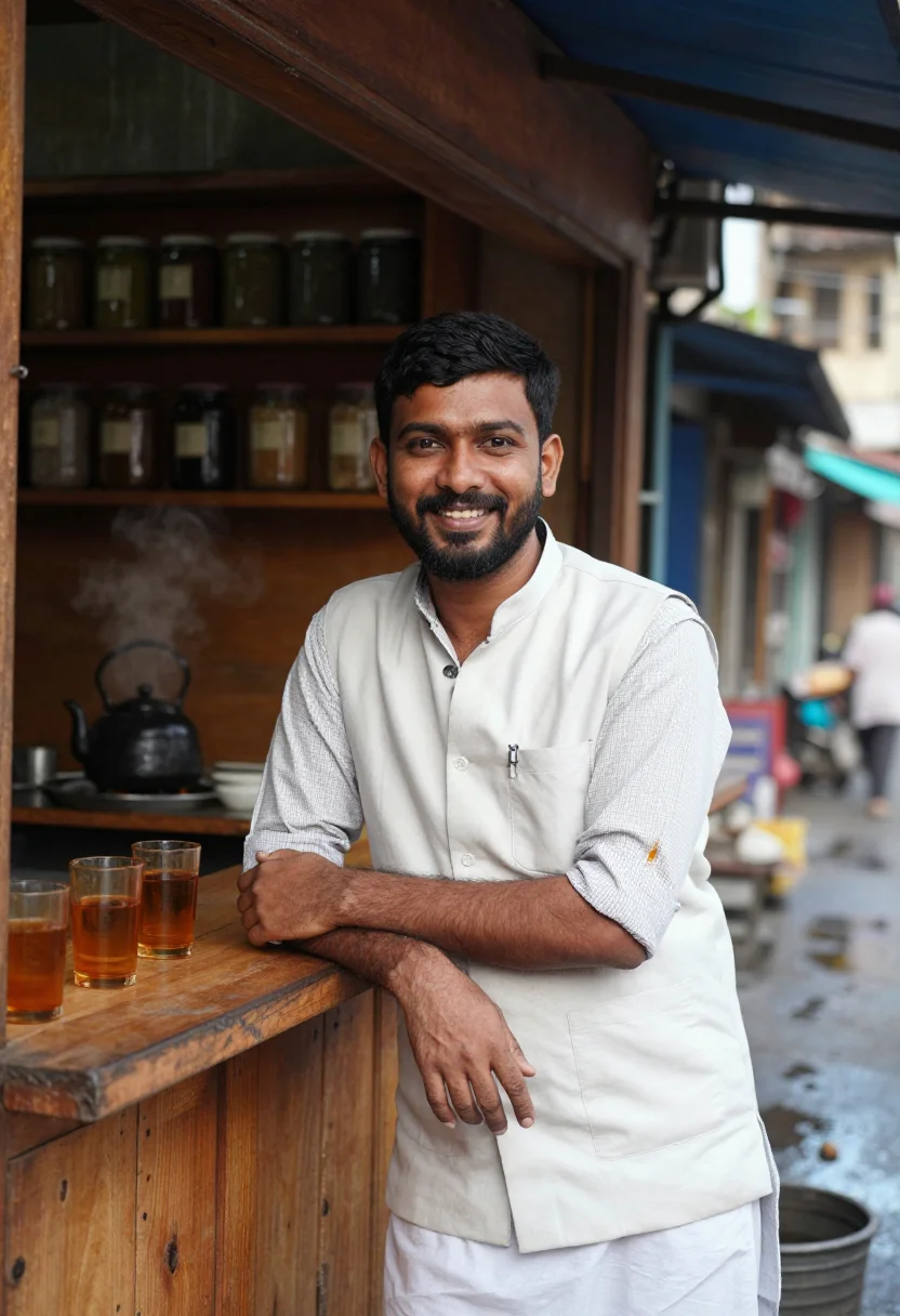 AI cutting chai sample — portrait of a man, three-quarter-length portrait of an India